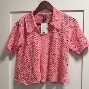 Divided Pink Crochet Button-Up Blouse